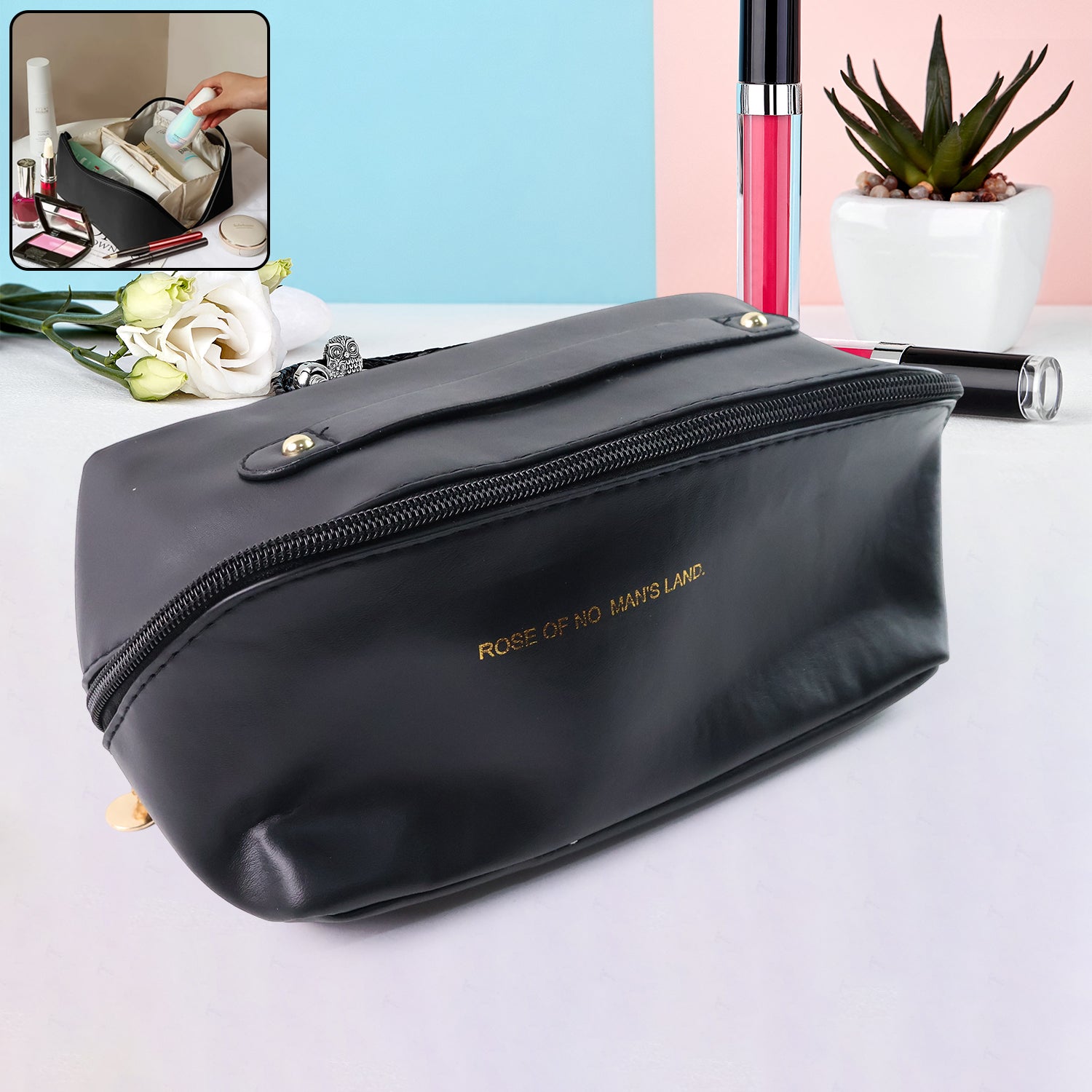 Premium Black Travel Makeup  Toiletry Organizer Pouch With Zipper  Handle (1 Pc) Premium Black Travel Makeup  Toiletry Organizer Pouch With Zipper  Handle (1 Pc)